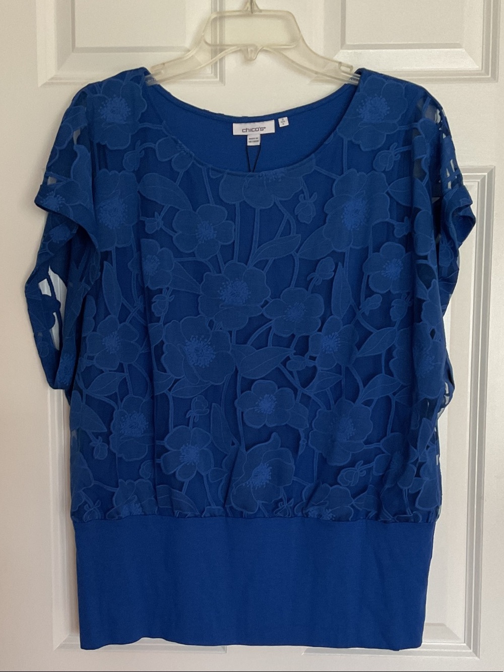Chico's Blue Floral Lace Overlay Top